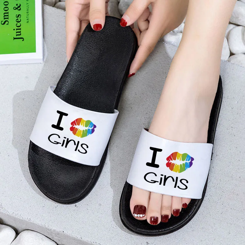 

Slippers women 2021 summer Rainbow pattern printing I Love Girls Female Outdoor Casual Beach Sandals Open Toe Flip Flops