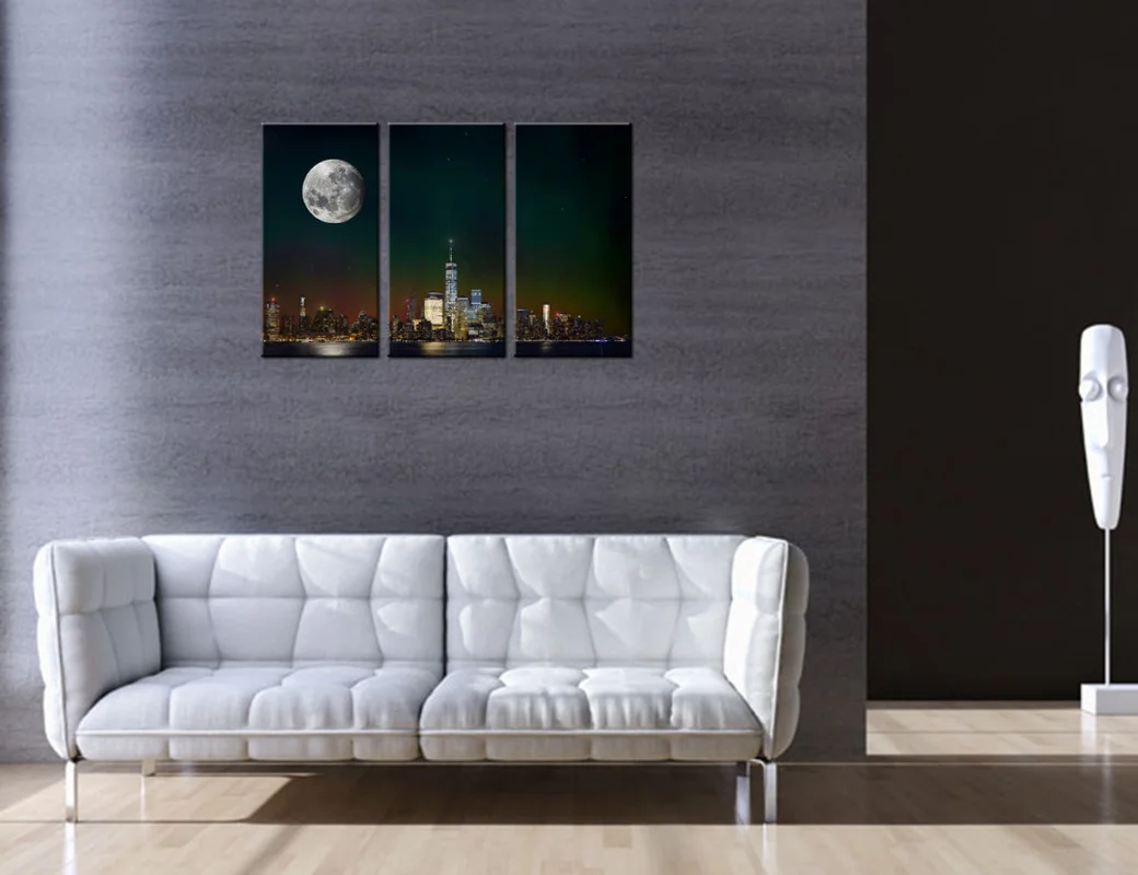 

3 Pieces Canvas Poster on The Wall City Night View Home Decor Poster Huge Moon HD Painting Set Framed for Room Decoration
