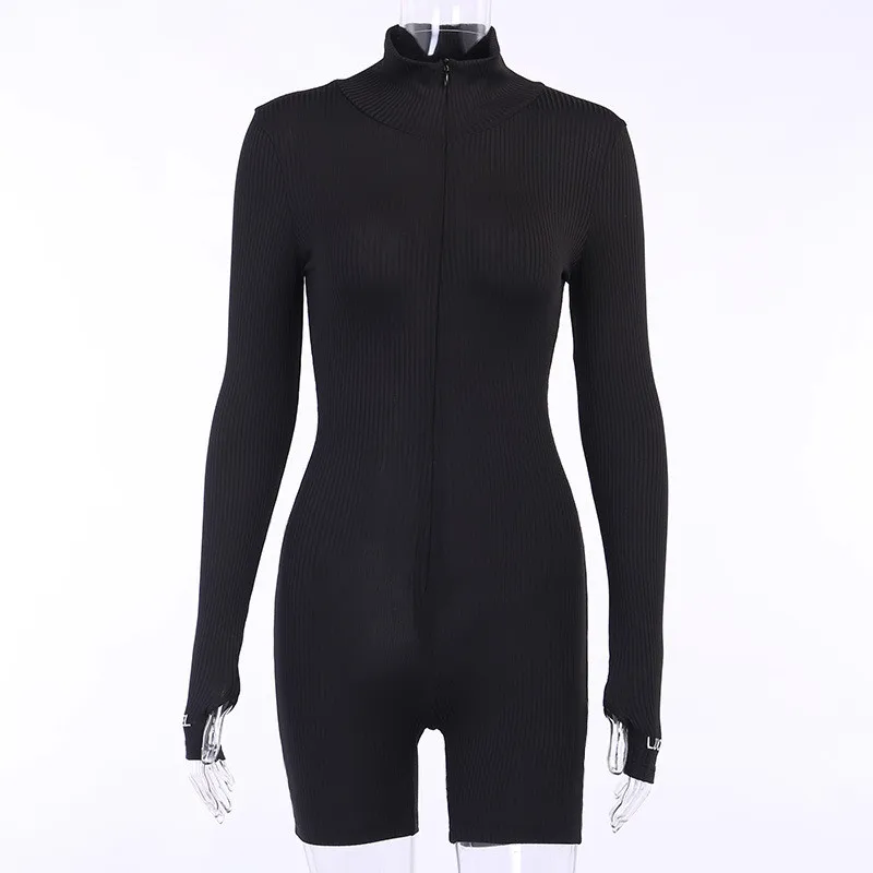 

2020 Sexy Skinny Long Sleeve Jumpsuit Women Zipper Up Turtleneck Knitted Bodycon Short Pants Rompers Black Jumpsuits Overalls