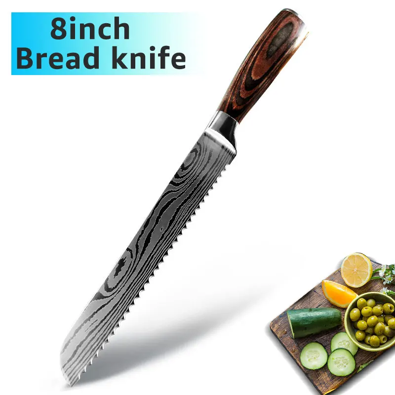 8 INCH BREAD KNIFE Ножи шеф-повара 9 набор кухонных ножей 7CR17 440C из высокоуглеродистой нержавеющей стали дамасский рисунок Gyuto Кливер набор слайсер нож сантоку - Цвет: 8 INCH BREAD KNIFE