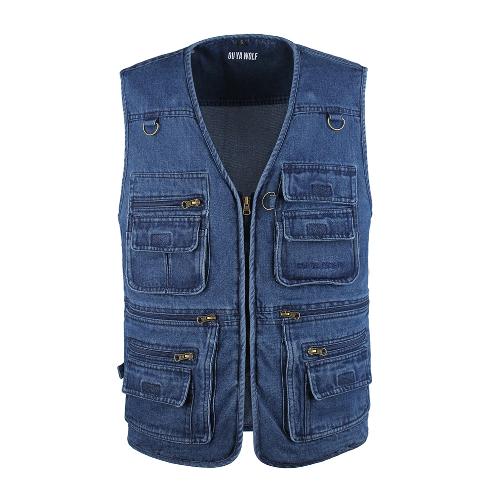 

Denim Men Vest Cotton Sleeveless Jackets Blue Casual Fishing Vest with Many Pockets Plus Size 10XL Outdoors Waistcoat Male Vest
