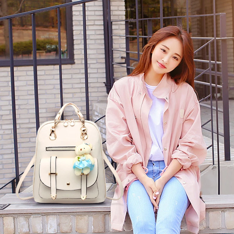Preppy Style Women Backpack Bear Toys PU Leather Schoolbags For Teenage Girls Female Rucksack Shoulder   Bag Travel Knapsack