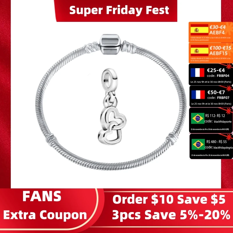 

MC 2021 Hot 925 Silver Color Snake Chain With Love Heart Fit Original Pandora Bracelet Charm Bead Jewelry Gift For Women 16-21cm