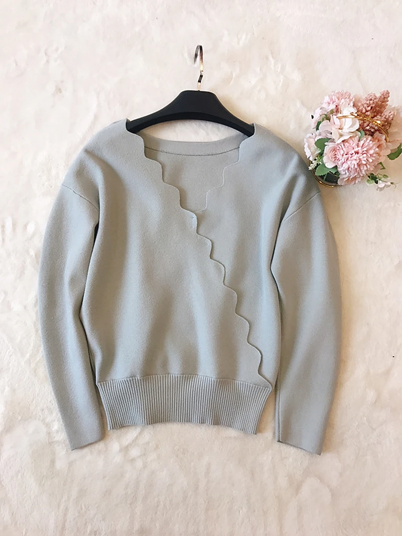 

2021 spring new candy color wavy side cross V-neck sweater women on both sides