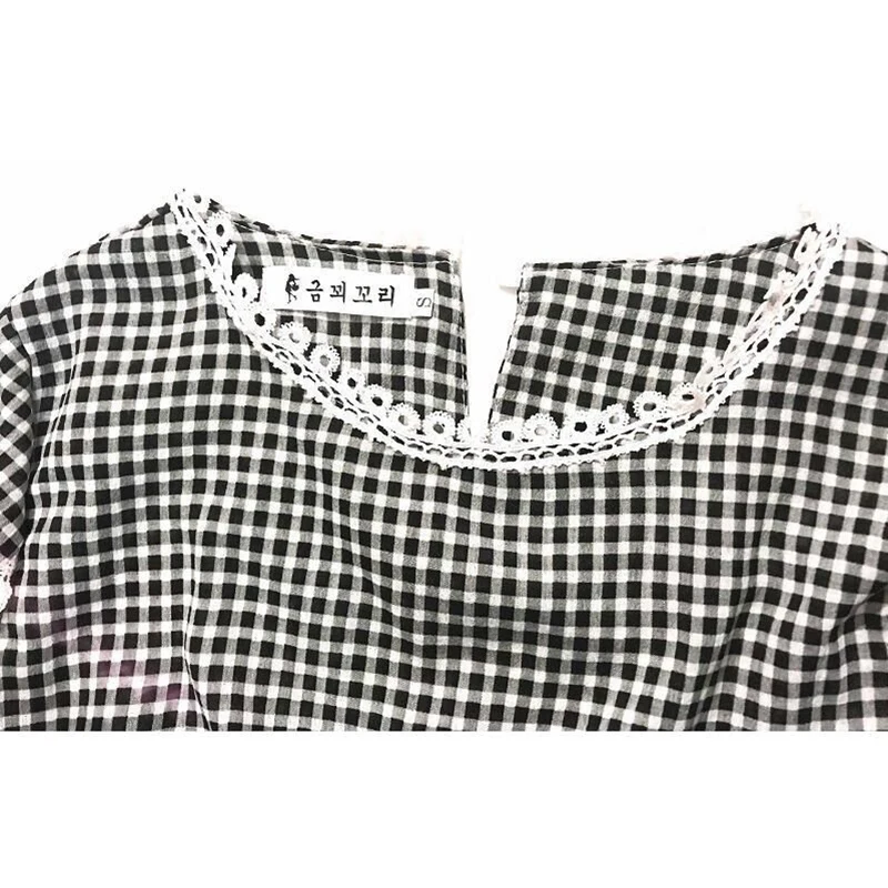 Women Spring Summer Style Chiffon Blouses Shirts Lady Casual O-Neck Plaided Printed Lantern Sleeve Blusas Tops DF3015