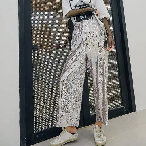 С крупными блестками Лоскутные эластичные брюки для женщин Высокая талия