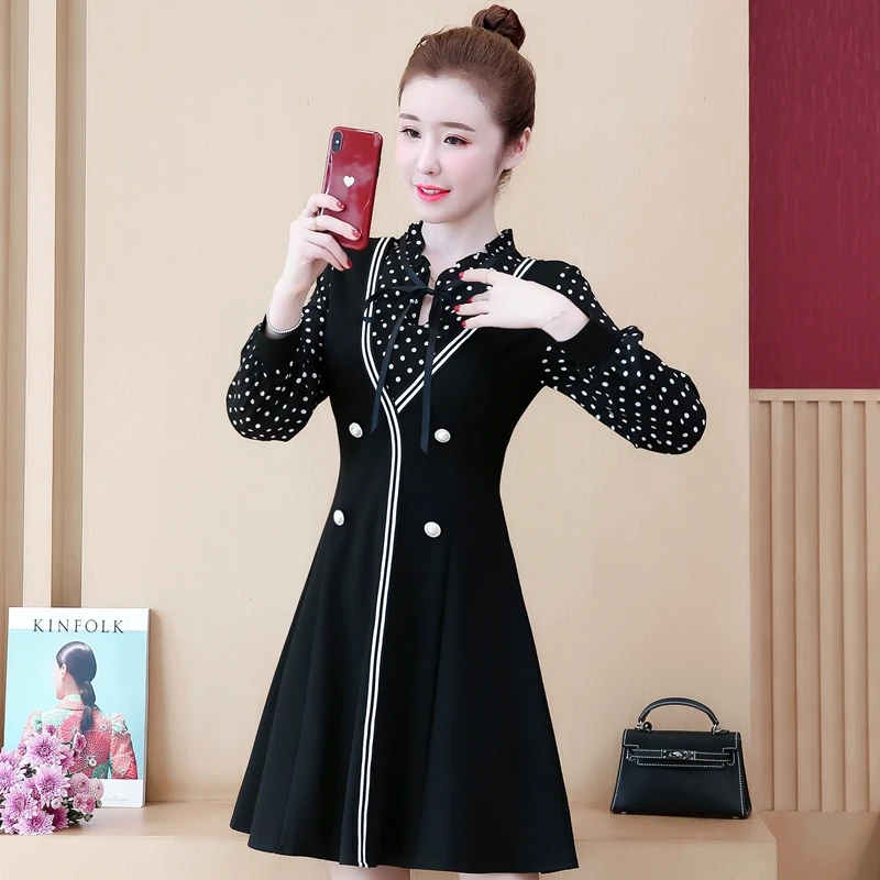 

COIGARSAM 5XL Plus Size Fashion Patchwork Women one-piece dress korean Spring Polka Dot Dresses 9331