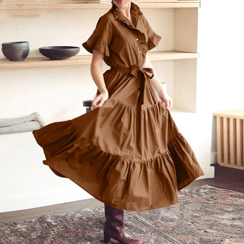 

Women Turn Down Collar Solid Casual Dress Elegant Button Short Sleeve Loose XXXL Dress High Waist Sashes Ruffles Party Dress