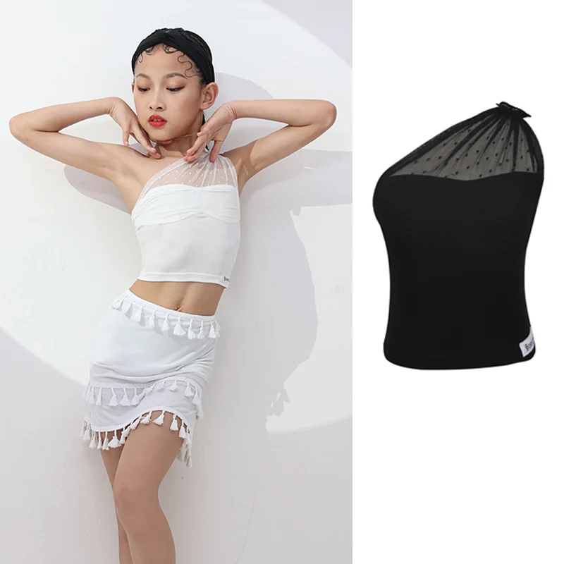 

Latin Dance Tops Girls Gauze Sleeveless Black/White Practice Clothes Rumba Training Clothing Samba Shirt Tango Blousers DWY6012