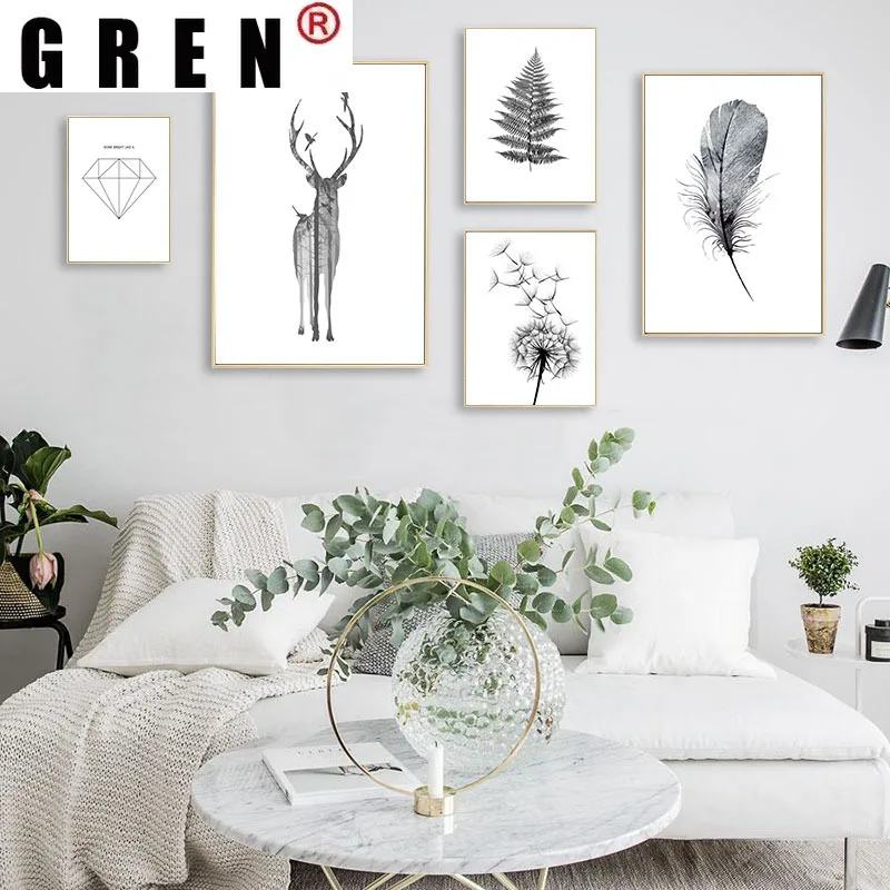 GREN скандинавский Черный Белый олень Одуванчик Картина на холсте Художественная
