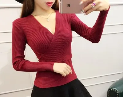 2019 New spring fashion Women sexy deep v-neck long sleeve thread knitted tunic bodycon sweater tops solid color | Женская одежда