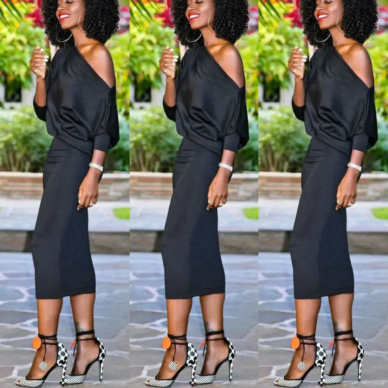 2020 Newest Hot Women's Casual Long Sleeve Off Shoulder Pencil Dress Bandage Bodycon Evening Party Solid Black Green | Женская