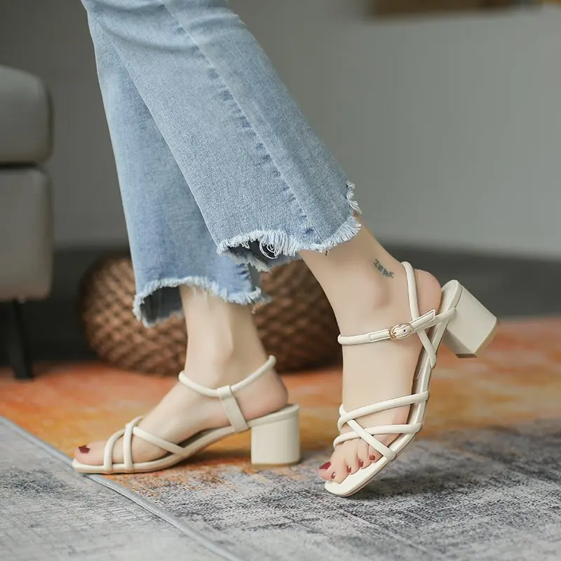

Buckle Strap Roman Sandals Comfort Shoes for Women Espadrilles Platform Clear Heels Med Suit Female Beige Square Toe All-Match 2
