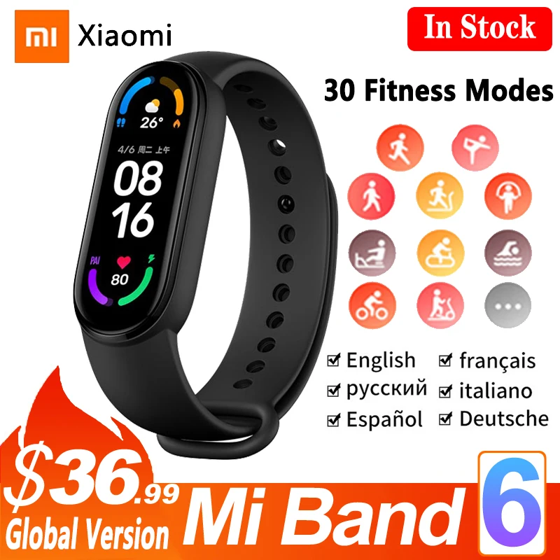 

Умный Браслет Xiaomi Mi band 6, водонепроницаемый фитнес трекер с измерением пульса и уровня кислорода в крови, с AMOLED экраном