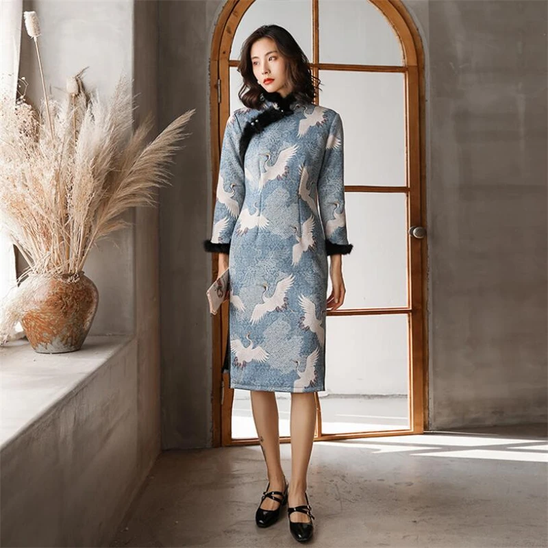 Роскошное зимнее женское платье qipao в стиле ретро теплое толстое Ципао