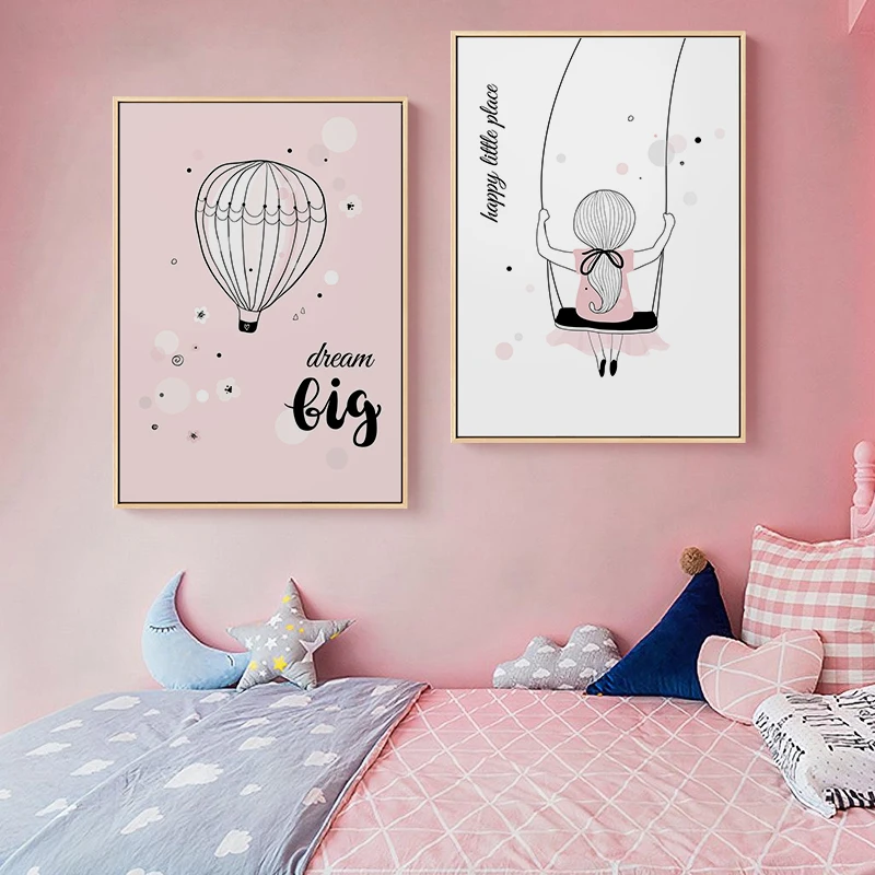Детские Мультяшные плакаты розовая девушка воздушный шар Картина на холсте для