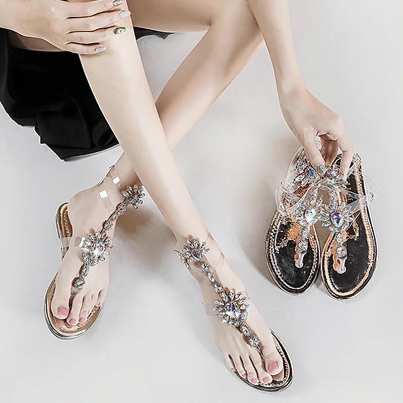Женские босоножки для женщин Стразы цепи без каблука Вьетнамки Шлепанцы с