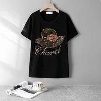 hat hot diamond t shirt women summer 2021 new short sleeve black temperament design niche chic style 3532