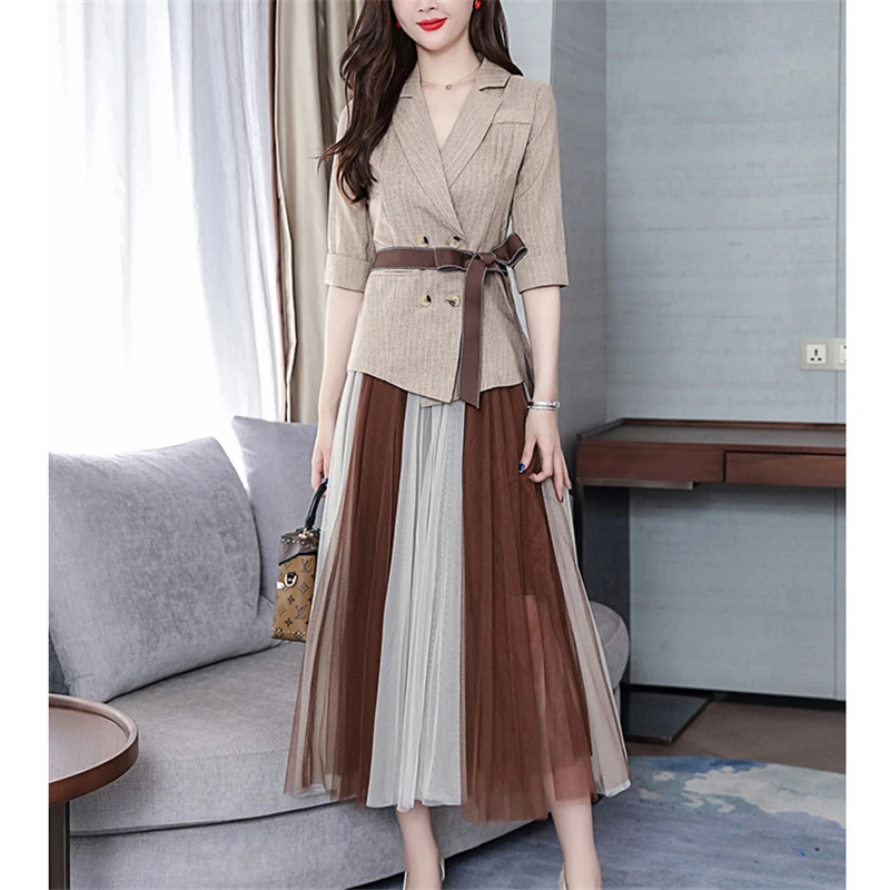 Маленький костюм в полоску + Сетчатое платье Новинка весна-осень 2020 женский