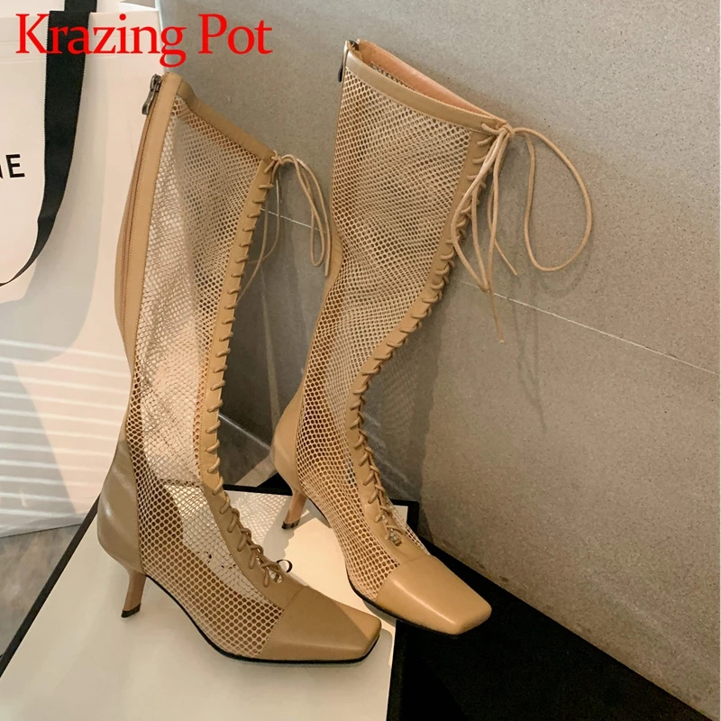 

Krazing Pot spring summer season new arrival genuine leather square toe sexy mature solid med heels lace up thigh high boots L52