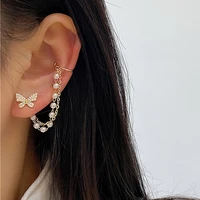 korean fashion cute earrings assymetric butterfly pearl chain stud earrings girls rhinestone cartilage huggies jewelry gifts