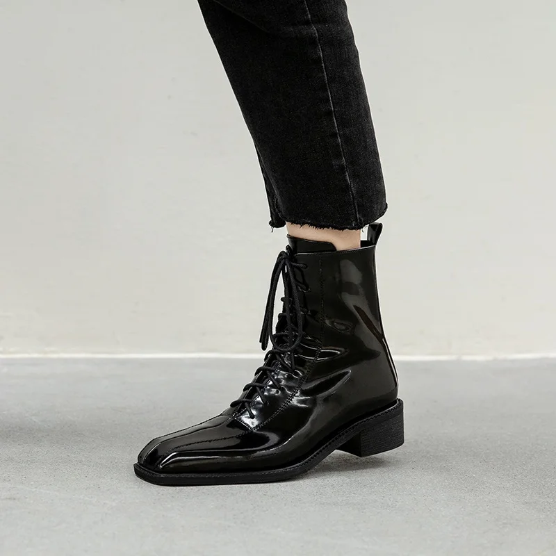 

New 2021 Popular Casual Women Ankle Boots Genuine Cow Leather Platforms Shoes Woman Autumn Winter Cross-Tied Zipper Martin Boots