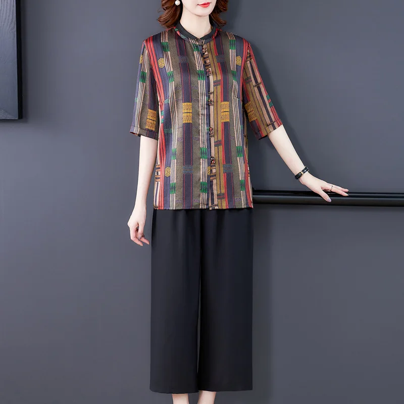 

Light Luxury xiang yun sha Shirt Silk Blouse Half-sleeve Shirt Mulberry Silk Loose Loose Pants Chinese Style Mom Fashion Set