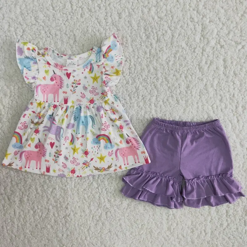 

Wholesale Children Baby Clothes Newborn Unicorn Flutter Sleeve Tunic Ruffle Purple Shorts Girls Summer Boutique Outfits Sets