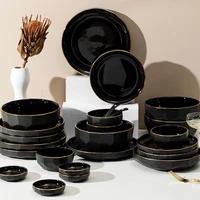 black ceramic plates and bowls set with golden rim dinner dishes plate for food salad soup bowl dinnerware set for restaurant