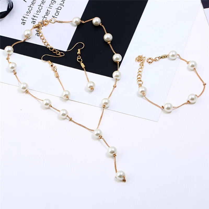 

1Set Imitation Pearls Necklace Bracelet Earrings Elegant Jewelry Sets For Women Hot Sale