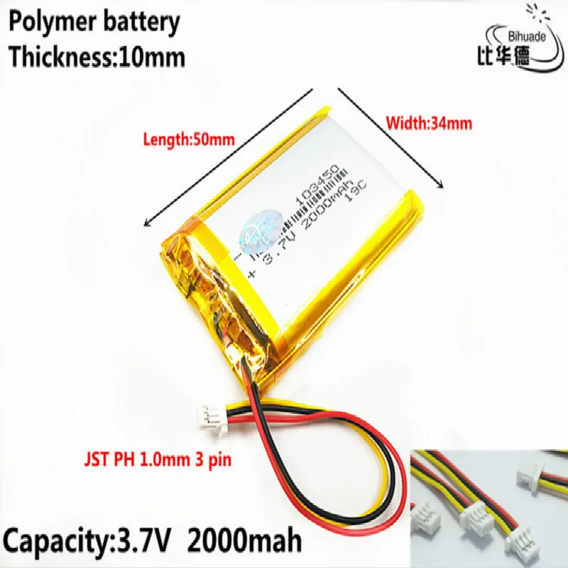 JST PH 1,0 мм 3 pin хорошее качество 3,7 в, 2000 мАч 103450 полимерный литий-ионный/литий-ионный аккумулятор для планшетных ПК банка, gps, mp3, mp4