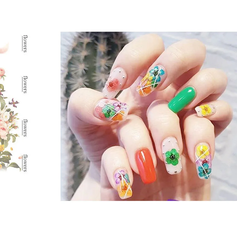 12 стилей сушеных цветов украшения для ногтей натуральные Цветочные наклейки 3D