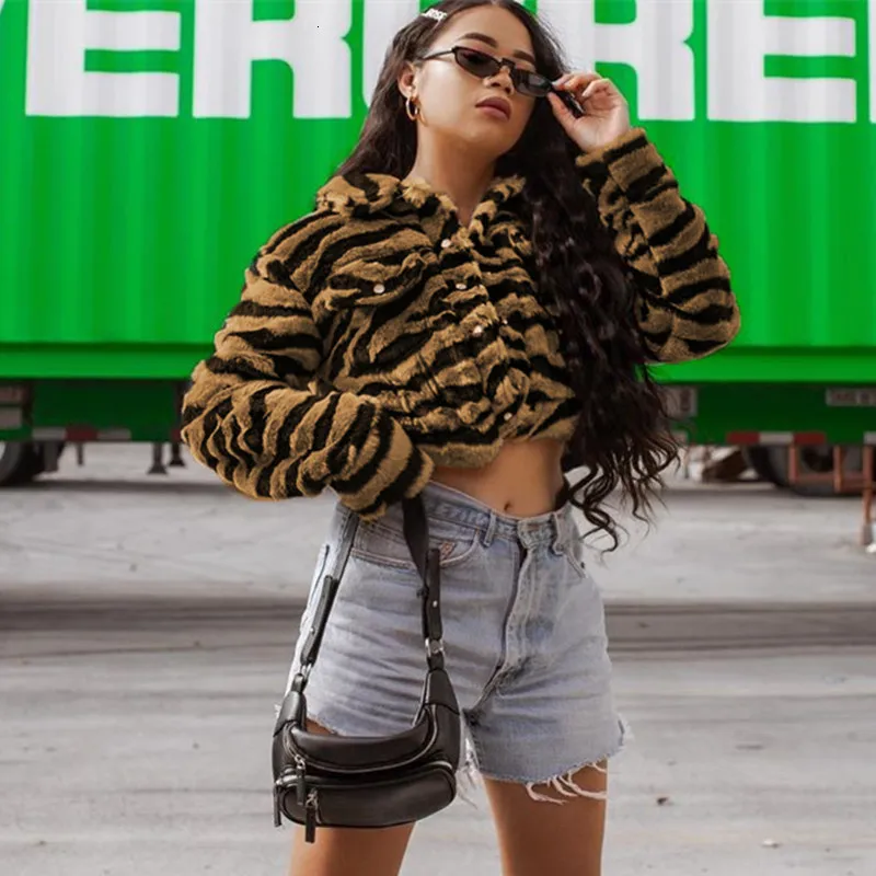 JIEZuoFang искусственный мех Меховая зимняя куртка для женщин с принтом тигра