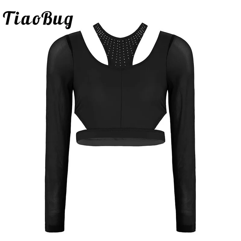 

TiaoBug Women Shiny Rhinestones Dancewear Long Sleeve Back Cross Crop Top Adult Performance Dance Costume Ballet Gymnastics Tops