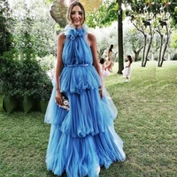 blue layered a line prom dresses high collar ruched tulle special occasion gown chic maxi dress 2021