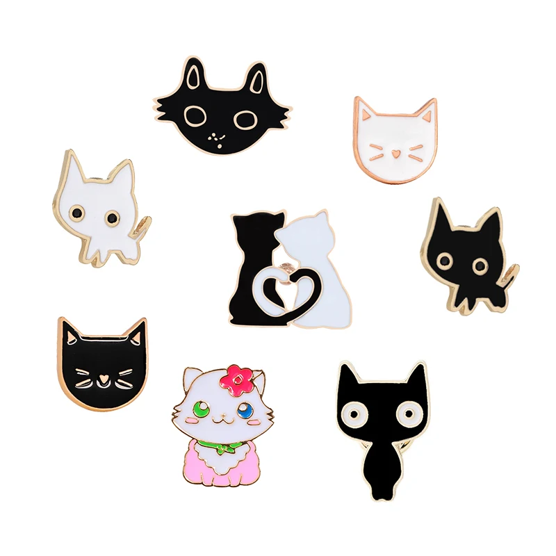Модные броши значки металлические Мультфильм кот Черный белый лицо эмаль
