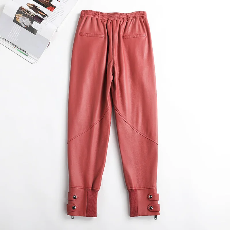 

JCHB 2021 Spring 100% Sheepskin Leather Pants Women High Waist Harem Pants Female Black Trousers Pantalon Pour Femme Pph3963