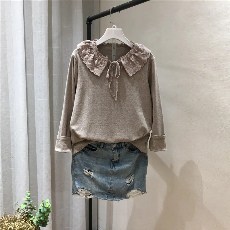 

Lamtrip New Arrival Lace Sash Korean Mori Girl Sweet kawaii Long Sleeve Cotton T-shirt Tee Feminine 2020 Autumn Winter