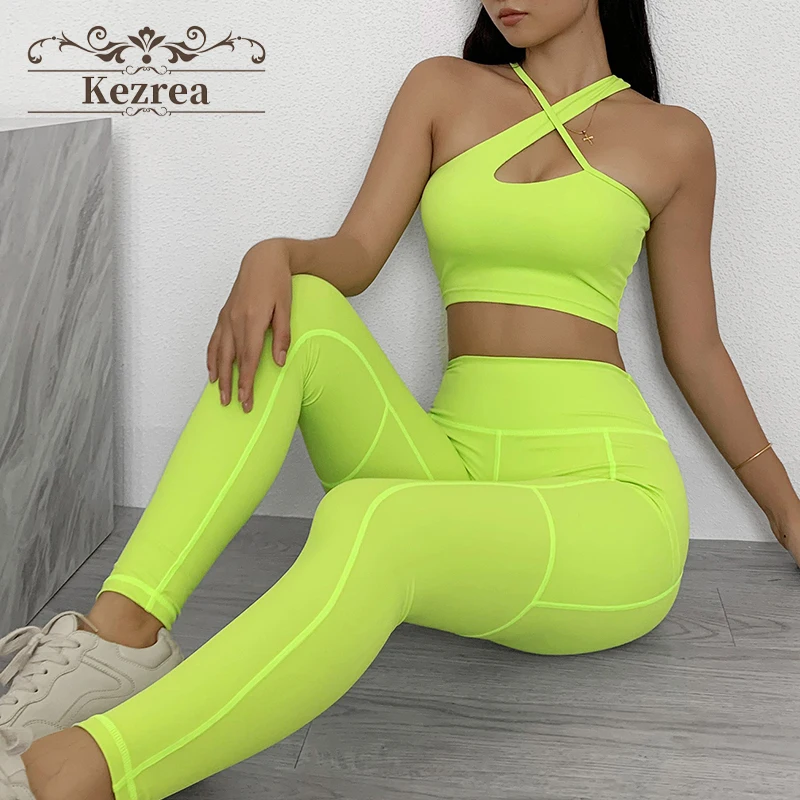 Kezrea 2PCS Fitness yoga suit Sexy Slant shoulder sports bra High Waist Leggings exercise shock proof workout Bra for women |