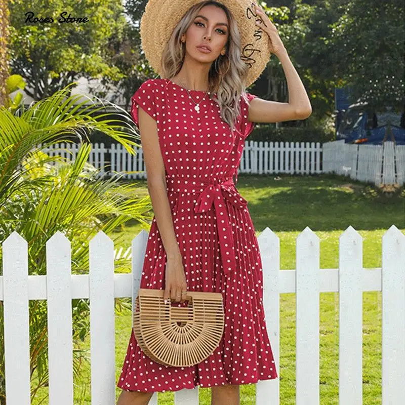2021 New Summer Polka Dots Sleeveless Pleated Dresses For Women High Waist Midi Elegant Office Green Lady Dinner Party Clothes | Женская