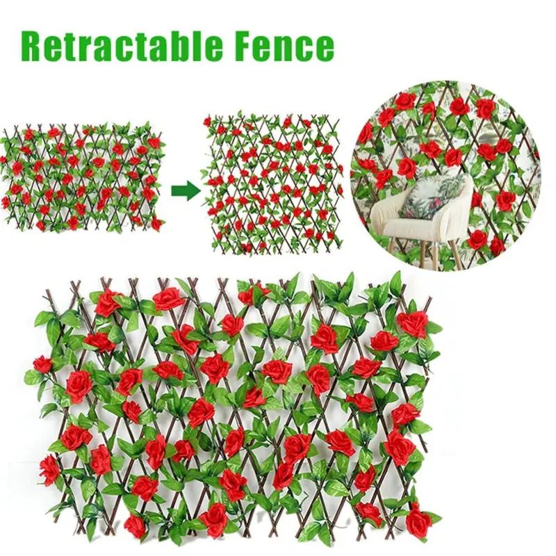 

Wooden Hedge With Artificial Flowers Leaves Garden Decoration Screening Expanding Trellis Privacy Screen Retractable Fence U3