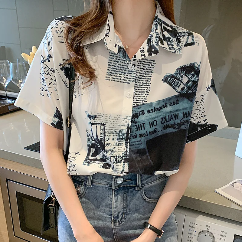 

Houthion Chiffon Slim Women's Blouses New Casual Blouse Fashion Short Sleeve Top Letter Buttons Polo Shirt Summer