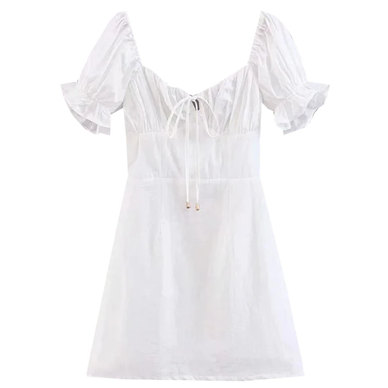 

Summer french Elegant Boho White light dress Women Retro y2k Tie Neck Puff Sleeve Mini Sexy Casual Dresses Beach Party Robe