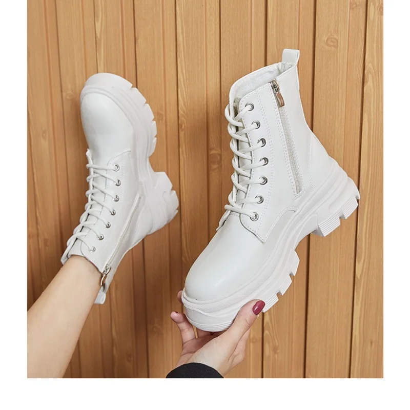 

Женские ботильоны на платформе, зимние теплые кожаные ботинки на толстой подошве, со шнуровкой, женские ботинки на высоком каблуке, 2021