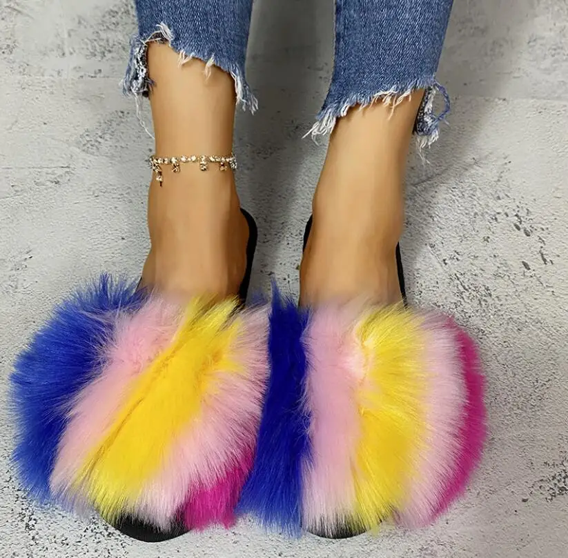 Faux Fur Slippers Summer Shoes Women Slides Home Furry Flat Sandals Female Designer Fashion Plush Flip Flops  New Arrive Slipper