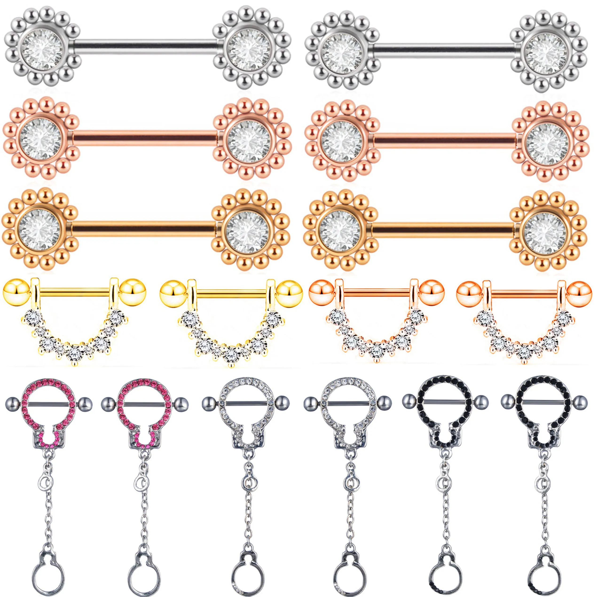 

1Pair Stainless Steel Zircon Nipple Piercing Jewelry Lot 14G Flower Nipple Ring Body Piercing Rose Gold Sexy Nipple Iercing Bar
