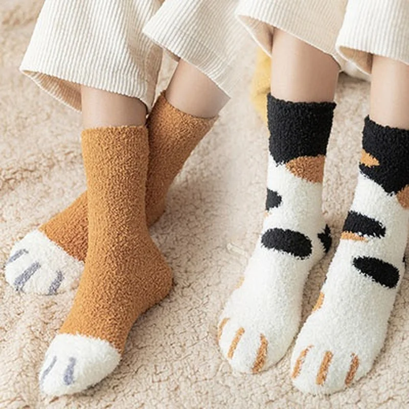 

Fashion Women Cats Paw Stripe 3d Socks Cute Funny Thick Coral Fleece Girls Cartoon Animal Fingers Sock Sleeping Socks Floor Sox