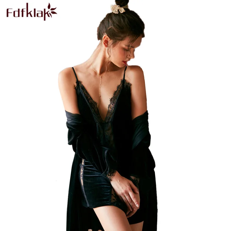 

Комплект женской одежды для сна Fdfklak, новый золотой бархатный халат, Женская Сексуальная кружевная одежда для сна, халат, осенне-зимняя одеж...