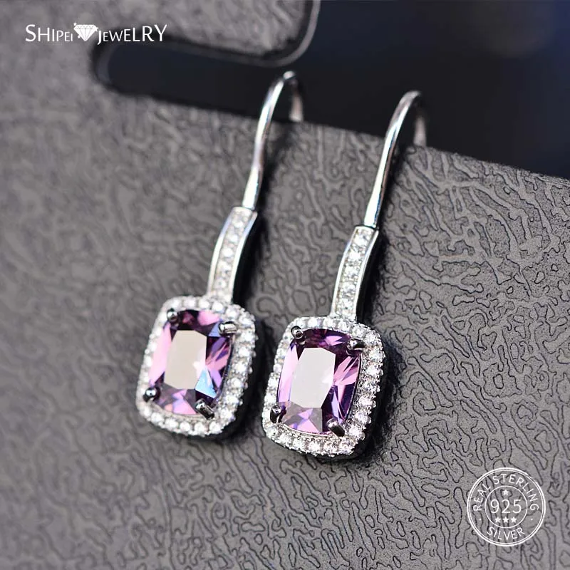 Purple Sapphire Shipei 925 пробы Серебряные Ювелирные Украшения Розовый Желтый Сапфир Изумруд Рубин квадратные Висячие серьги для женщин подарок на день рождения - Цвет камня: Purple Sapphire