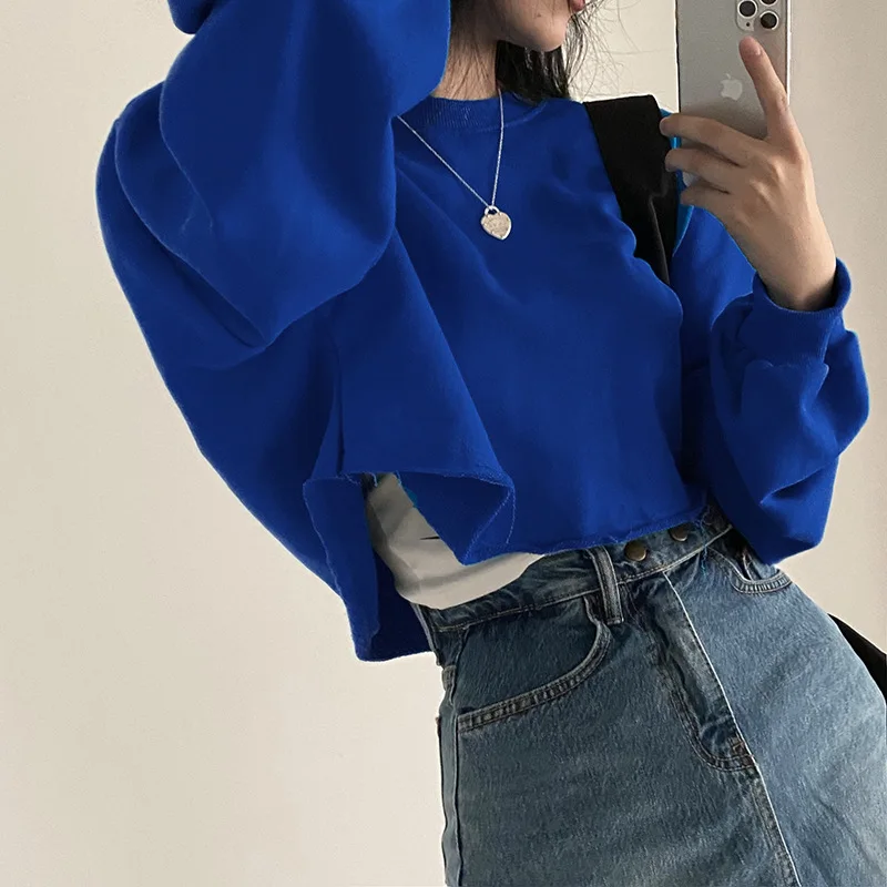 Женские толстовки свитшоты Осенние повседневные винтажные синие укороченные